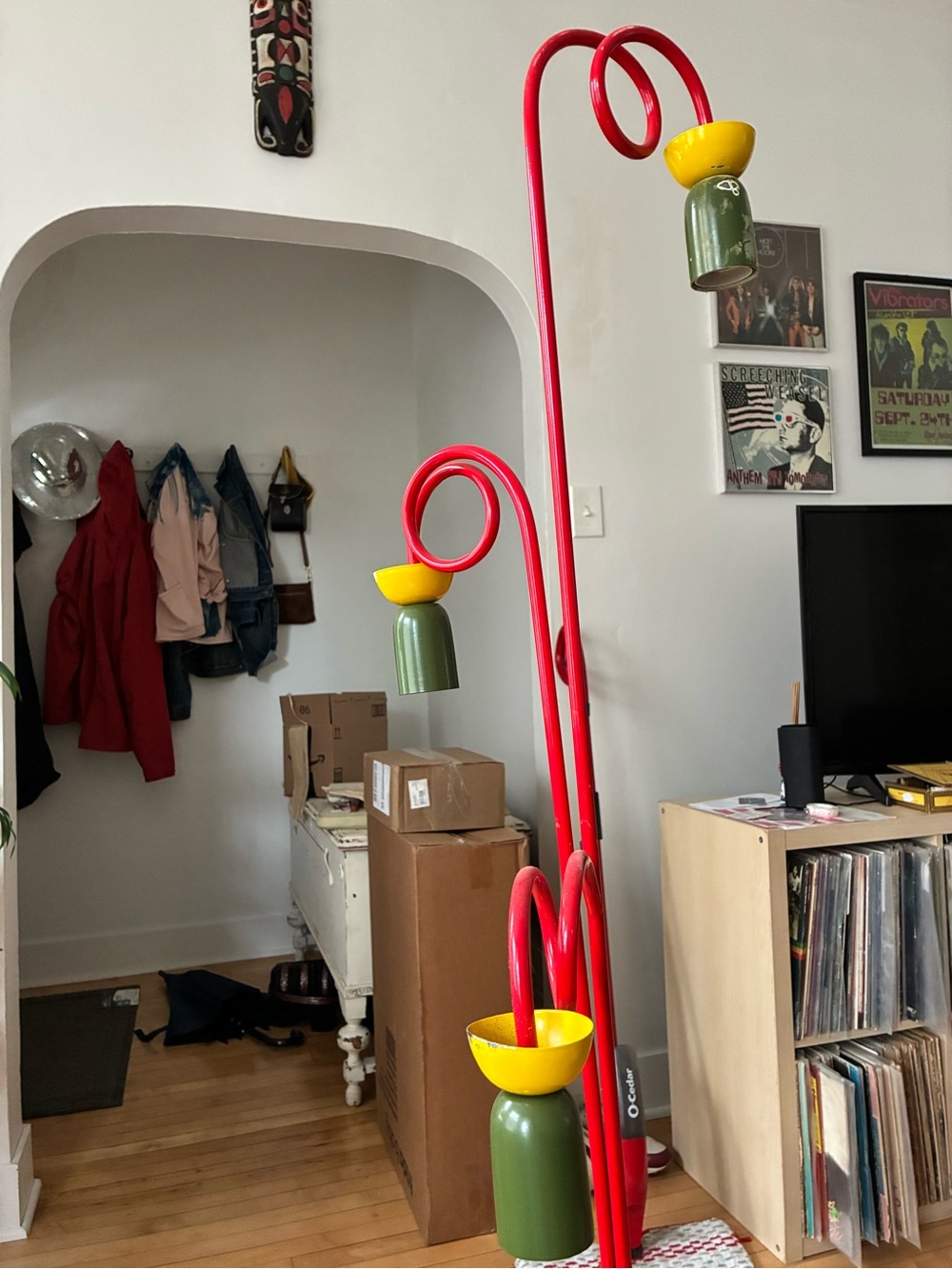 Memphis Style Colorful Red Floor Lamp with Yellow & Green Shades